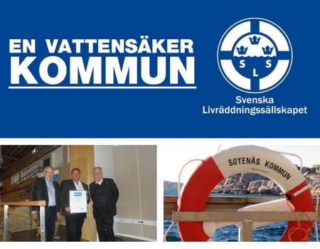 Kollage: 1. Svenska Livräddningssällskapets logotyp, 2. tre uppklädda män som håller ett plakat, 3. livboj.